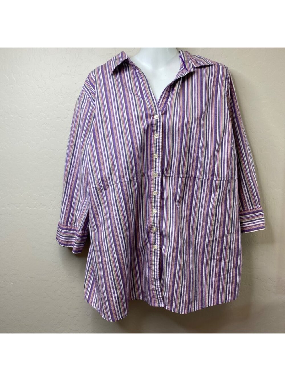 Avenue Womens Button-Up Shirt Striped Purple Cotton Blend 3/4 Sleeve Size 22/24